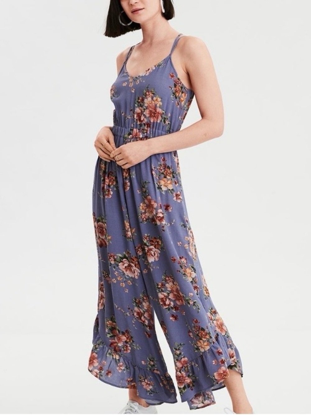 AE Dusty Purple, Pink Floral Ruffled, Spaghetti-strap Jumpsuit Romper
